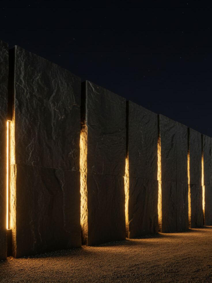 Rhythmic Granite: Monumental Wall with Vertical LED Slits