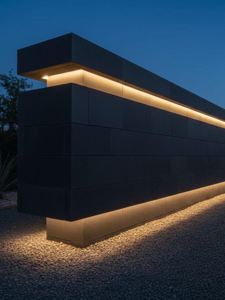 Ethereal Lines: Floating Stone Wall with Seamless Under-Cap Illumination