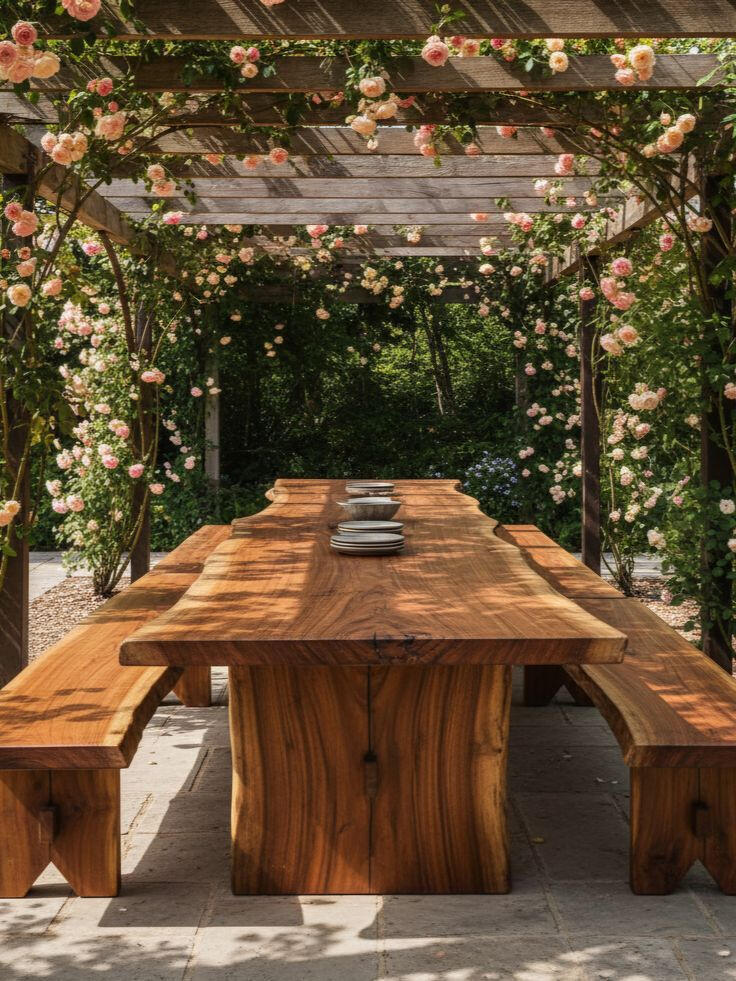 Communal Rustic Live-Edge Dining Table Paired with Matching Benches