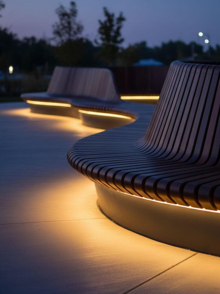 Fluid Sculptural Wood Slat Bench with Integrated LED Pathway Lighting